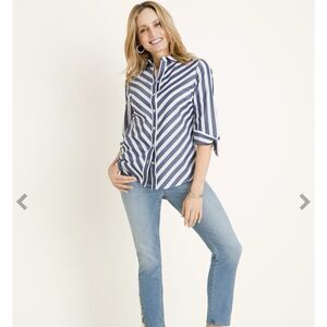 Chico’s No-Iron Cotton Striped Stain Shield Shirt Navy & White Striped Size 4/6
